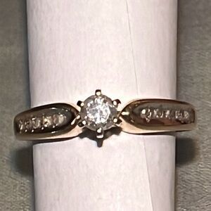 Vintage 14K Gold Diamond Engagement Ring Round Center Stone W/ 10Flanked Stones